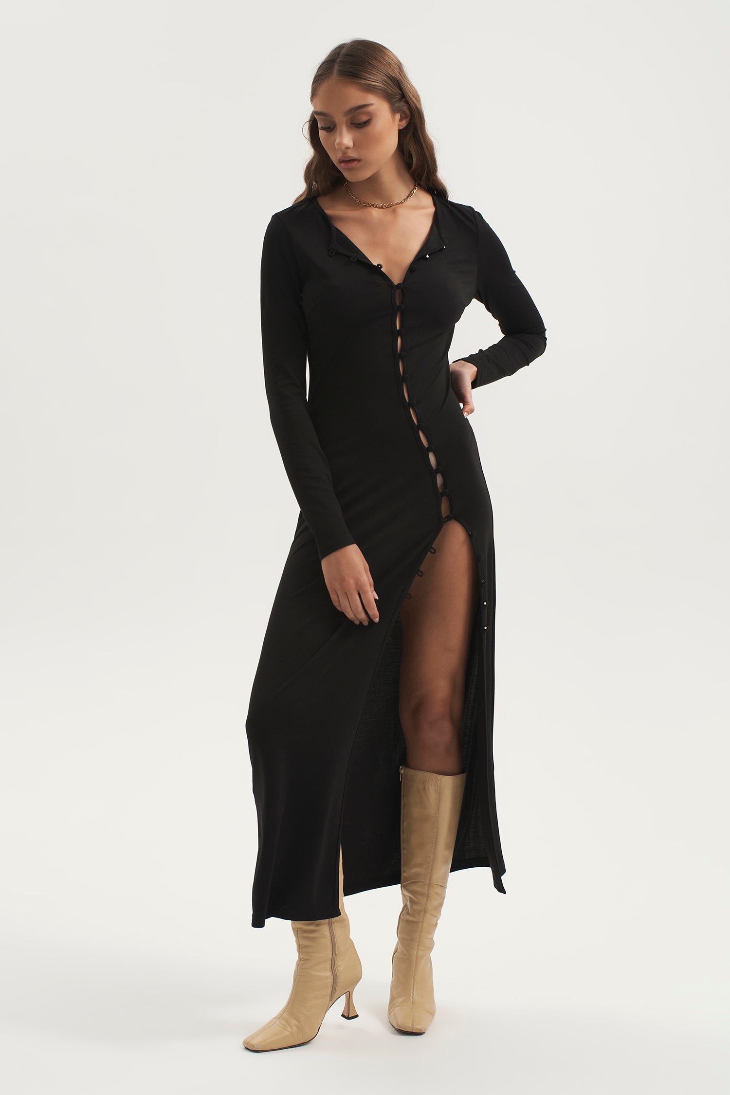 Rocky Jersey Button Up Dress Black OWNLEY ONLINE