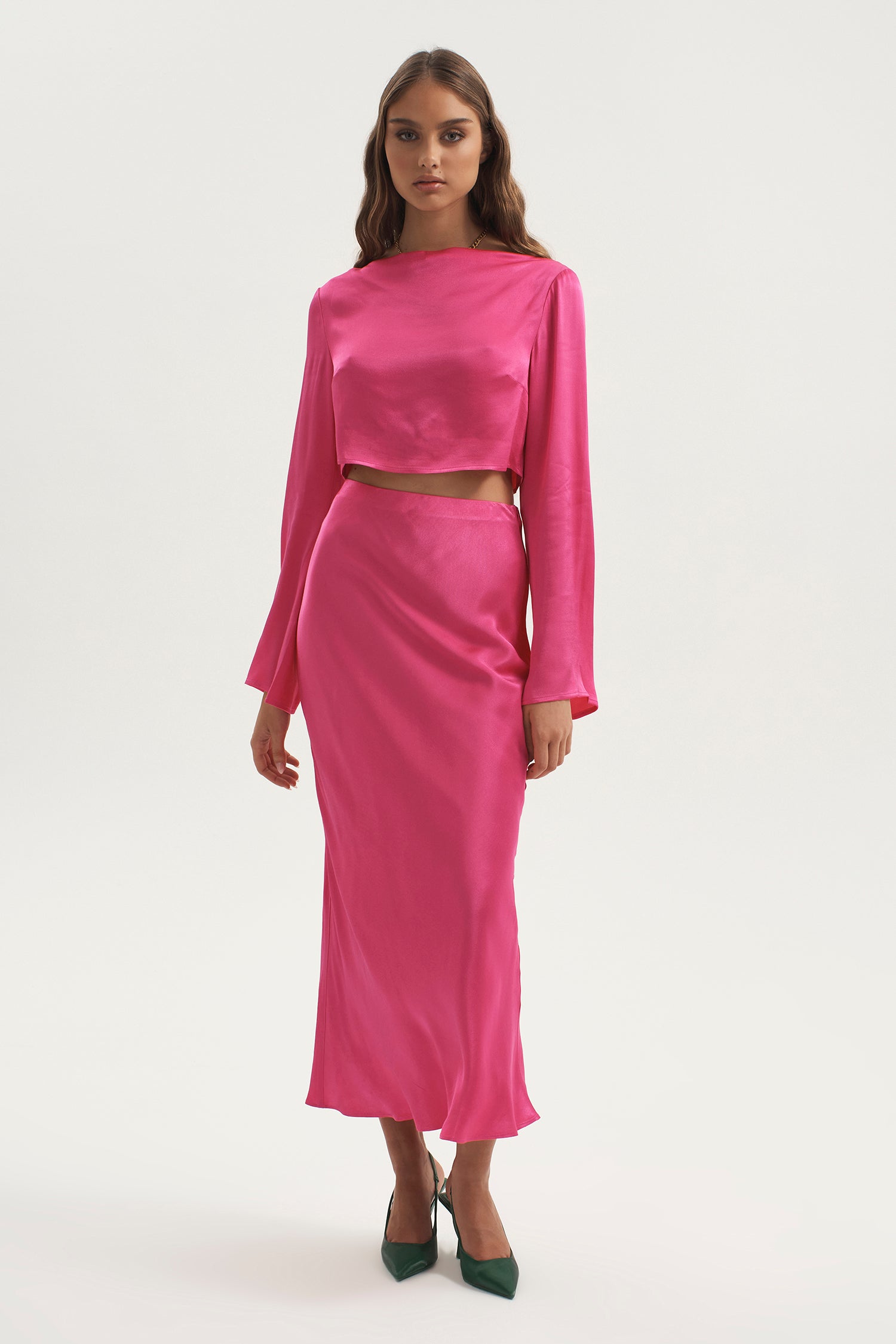 Jewel Bias Midi Skirt Hot Pink OWNLEY ONLINE