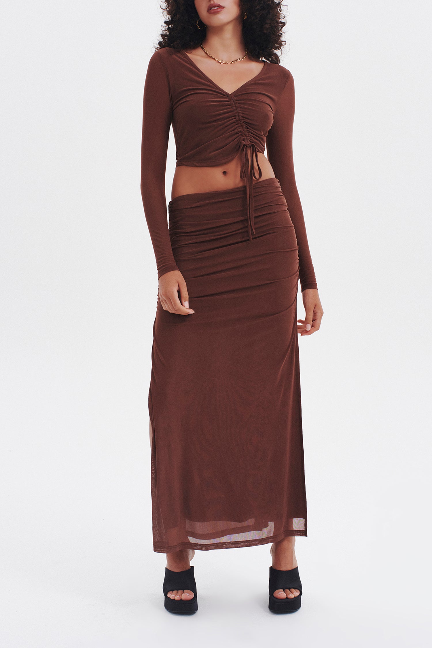 Lindsey Gathered Midi Skirt Chocolate OWNLEY ONLINE